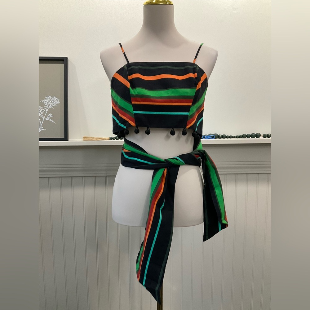 Farm Rio Striped Wrap Crop Top NWT Tassel Trim Embellished Tie Back S/M